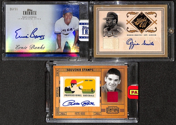 Ernie Banks, Pete Rose, & Ozzie Smith Autograph Cards